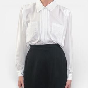 Vintage Silky Romantic Poet Pintuck Embroidered Patch Pocket Blouse Sz Small